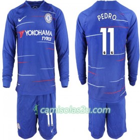 Camisolas de Futebol Chelsea Pedro 11 Criança Equipamento Principal 2018/19 Manga Comprida